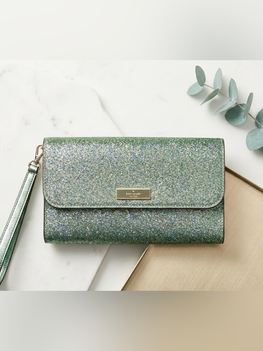 kate spade Glitter Envelope Clutch in Sparkling Sage